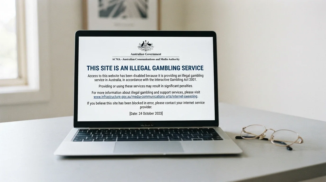 Browser window showing the ACMA website-blocking notice with the Australian Government crest and a message that the site is an illegal gambling service