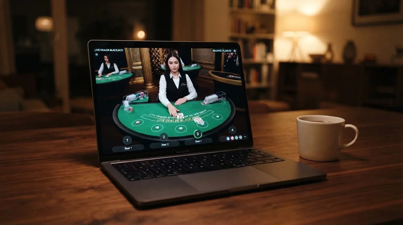 Live dealer blackjack table stream with a real croupier dealing cards, multiple player seats visible and a crypto balance displayed in the interface corner